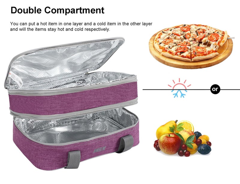 MIER Insulated Double Casserole Carrier Thermal Lunch Tote for Potluck Parties, Picnic, Beach, Fits 9 x 13 Inches Casserole Dish, Expandable by Mid Zipper, Purple - Image 3
